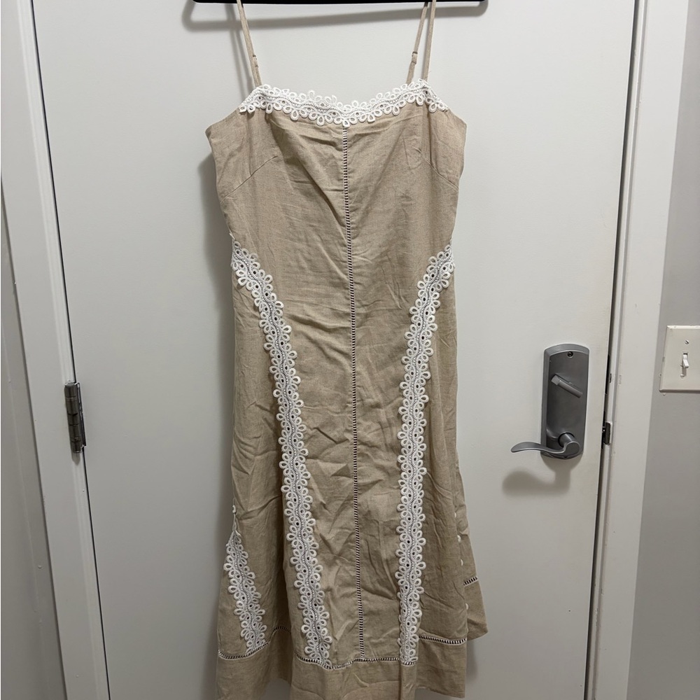 Anthropologie Beige Midi Dress with White Lace Trim